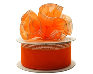 1.5 Inch Orange Organza Pull Bow Ribbon With 4 Rows of Silver Stripe Accents, 25 Yards (Lot of 1 Spool) SALE ITEM