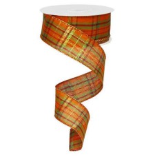 1.5 Inch Orange Plaid & Metallic Wired Ribbon, 1.5 Inch x 10 Yards (Lot of 1 Spool) SALE ITEM