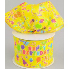 2.5 Inch Happy Birthday Wired Ribbon, Yellow / Multi-Color, 2.5 Inch x 10 Yards (1 Spool) SALE ITEM