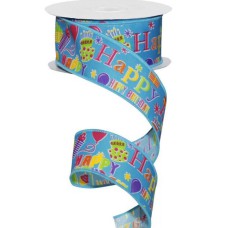 1.5 Inch Happy Birthday Wired Ribbon, Blue / Multi-Color, 1.5 Inch x 10 Yards (1 Spool) SALE ITEM