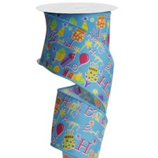 2.5 Inch Happy Birthday Wired Ribbon, Blue / Multi-Color, 2.5 Inch x 10 Yards (1 Spool) SALE ITEM