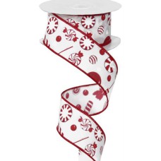 1.5 Inch White And Red Peppermint Christmas Candy With Glitter Wired Ribbon, 1.5 Inch x 10 Yards (Lot of 1 Spool) SALE ITEM