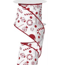 2.5 Inch Red White Striped Peppermint Christmas Candy w/ Glitter Wired Ribbon, 2.5 Inch x 10 Yards (Lot of 1 Spool) SALE ITEM