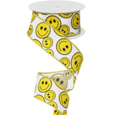 1.5 Inch Yellow Smiley Faces - Wired Edge Ribbon, White / Yellow, 1.5 Inch, (10 Yards) SALE ITEM