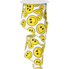2.5 Inch Yellow Smiley Faces - Wired Edge Ribbon, White / Yellow, 2.5 Inch, (10 Yards) SALE ITEM
