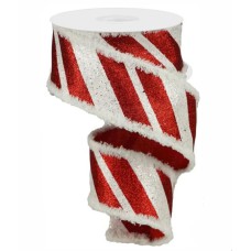 2.5 Inch Red & White Wired Christmas Ribbon w/ White Edges - Red with White Metallic Glitter Diagonal Stripe and Fuzzy Edges, 2.5 Inch x 10 Yards (Lot of 1 Spool) SALE ITEM