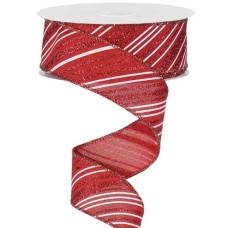 1.5 Inch Red & White Wired Christmas Ribbon w/ Red Edges - Red & White Striped Metallic Glittered, 1.5 Inch x 10 Yards (Lot of 1 Spool) SALE ITEM