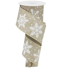 2.5 Inch Beige / White Faux Burlap Glittered Snowflakes Wired Christmas Ribbon, 2.5 Inch x 10 Yards (Lot of 1 Spool) SALE ITEM