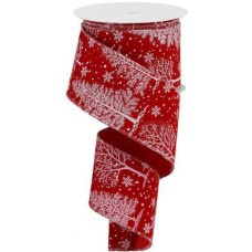 2.5 Inch Red & White Wired Christmas Ribbon w/ Red Edges - Red Velvet With White Trees & Snowflakes Pattern, 2.5 inch x 10 Yards (Lot of 1 Spool) SALE ITEM