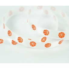 Printed Single Faced Satin Ribbon, White with Orange Basketballs, 3/8 Inch x 25 Yards (1 Spool) SALE ITEM