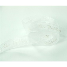 White Organza Ribbon Printed w/ White Doves "Our Wedding", 7/8 Inch x 25 Yards (1 Spool) SALE ITEM