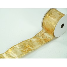 2.5 Inch Gold Wired Gold Christmas Ribbon w/ Gold Edges - Shiny Gold w/ Gold Metallic Poinsettia Pattern, 2.5 inch x 10 Yards (Lot Of 1 Spool) SALE ITEM
