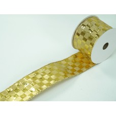 2.5 Inch Gold Wired Christmas Ribbon w/ Gold Edges - Shiny Gold Checkered Pattern, 2.5 inch x 10 Yards (Lot Of 1 Spool) SALE ITEM