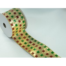 2.5 Inch Gold, Green & Red Wired Christmas Ribbon w/ Gold Edges - Shiny Gold Green Red Checkered Pattern, 2.5 inch x 10 Yards (Lot Of 1 Spool) SALE ITEM