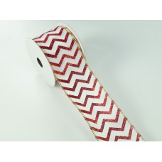 2.5 Inch Red & White Wired Christmas Ribbon w/ Gold Edges - Red / White Zig Zag Pattern, 2.5 inch x 10 yards (Lot Of 1 Spool) SALE ITEM