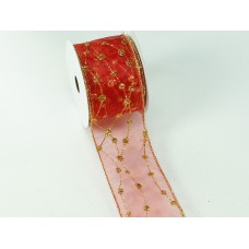 2.5 Inch Red & Gold Wired Christmas Ribbon w/ Gold Edges - Sheer Red / Gold Christmas Pattern, 2.5 inch x 10 Yards (Lot Of 1 Spool) SALE ITEM