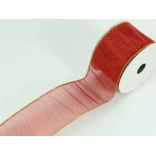 2.5 Inch Red Wired Christmas Ribbon w/ Gold Edges - Sheer Red Metallic Christmas Pattern, 2.5 inch x 10 Yards (Lot Of 1 Spool) SALE ITEM