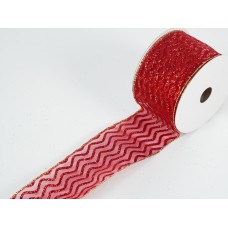 2.5 Inch Red Wired Christmas Ribbon w/ Gold Edges - Red / Metallic Red Zig Zag Pattern, 2.5 inch x 10 yards (Lot Of 1 Spool) SALE ITEM