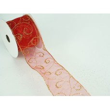 2.5 Inch Red & Gold Wired Christmas Ribbon w/ Gold Edges - Sheer Red / Gold Swirl Pattern, 2.5 inch x 10 Yards (Lot Of 1 Spool) SALE ITEM