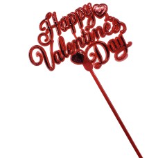 Happy Valentine's Day With 2 Hearts Decoration, Sign, Pick, Cake Topper - Red Metallic On Red (Lot of 12) SALE ITEM