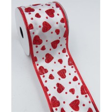 2.5 Inch Wired Valentine's Day Ribbon, Red Metallic Hearts on White Satin 2 ½ x 25 yds., (Lot of 1 Spool) SALE ITEM