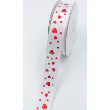 White Satin Ribbon Printed with Red Hearts, Valentine's Day Ribbon, 7/8 " x 25 Yards (1 Spool) SALE ITEM
