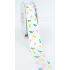 White Satin Ribbon with Printed Pastel Baby Feet, 7/8" x 25 Yards (1 Spool) SALE ITEM