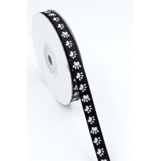 Printed " Paw Prints " Single Faced Satin Ribbon, Black with White Paws, 5/8 Inch x 20 Yards (1 Spool) SALE ITEM