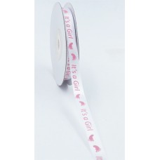 White Satin Ribbon Printed w/ Light Pink Baby Feet "It's a Girl", 3/8 Inch x 25 Yards (1 Spool) SALE ITEM