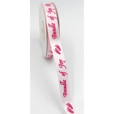 Light Pink Satin Ribbon Printed w/ Pink Baby Footprints "Bundle of Joy", 5/8 Inch x 25 Yards (1 Spool) SALE ITEM