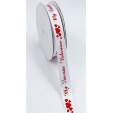 Printed " My Favorite Valentine " Single Faced Satin Ribbon, White with Red, Valentine's Day Ribbon, 5/8 Inch x 25 Yards (1 Spool) SALE ITEM