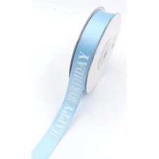 Printed " Happy Birthday " Single Faced Satin Ribbon, Light Blue with Blue Bold Font, 5/8 Inch x 25 Yards (1 Spool) SALE ITEM