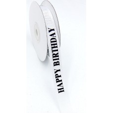 Printed " Happy Birthday " Single Faced Satin Ribbon, White with Black Bold Font, 5/8 Inch x 25 Yards (1 Spool) SALE ITEM