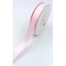 Printed " Happy Birthday " Single Faced Satin Ribbon, Light Pink with Pink Bold Font, 5/8 Inch x 25 Yards (1 Spool) SALE ITEM
