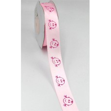 Printed " Smiling Cartoon Style Baby Girl Heads " Single Faced Satin Ribbon , Light Pink with Pink, 5/8 Inch x 25 Yards (1 Spool) SALE ITEM
