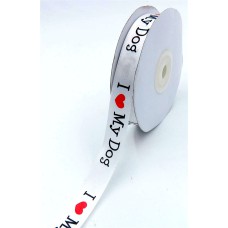 Printed " I Heart My Dog " Single Faced Satin Ribbon, White with Fancy Black Font and a Red Heart, 5/8 Inch x 25 Yards (1 Spool) SALE ITEM