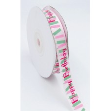 Printed " Happy Birthday " Single Faced Satin Ribbon, Light Pink with Pink Fancy Bold Font and Pink/Green Candles, 5/8 Inch x 25 Yards (1 Spool) SALE ITEM
