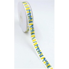 Printed " Happy Birthday " Single Faced Satin Ribbon, White with Blue Fancy Font and Yellow/Green Candles, 5/8 Inch x 25 Yards (1 Spool) SALE ITEM