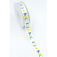 White Satin Ribbon Printed with "ABC 123" Multi-Colored, 5/8 Inch x 25 Yards (1 Spool) SALE ITEM