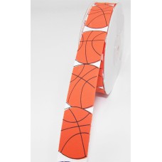 Printed " Basketball " Single Faced White Satin Ribbon, Orange Basketballs With Black Outlines, 7/8 Inch x 25 Yards (1 Spool) SALE ITEM