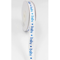 Printed " baby " Single Faced Satin Ribbon, White with Metallic Blue, 3/8 Inch x 25 Yards (1 Spool) SALE ITEM