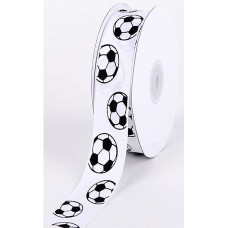Printed Black Soccer Balls on White Grosgrain Ribbon, 1 1/2 Inch x 25 Yards (1 Spool) SALE ITEM