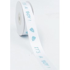 Printed " IT'S A BOY! " Single Faced Satin Ribbon, White with Light Blue Baby Bottles Motif, 7/8 Inch x 25 Yards (1 Spool) SALE ITEM