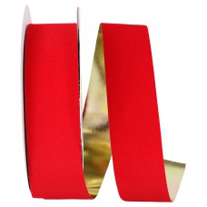 1.375 Inch Outdoor Medium Red Velvet Ribbon, Gold Metallic Back 25 Yards (1 Spool) MADE IN USA SALE ITEM