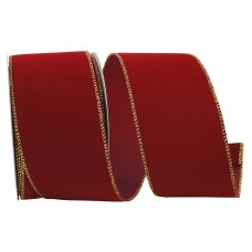 2.5 Inch Scarlet Red Velvet Wired Ribbon, Metallic Gold Edges, 10 Yards (10 Spool) SALE ITEM