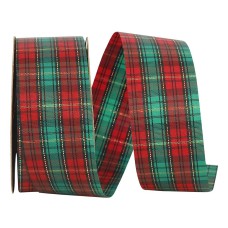 1.375 Inch Red / Green Tartan Gold Plaid Pattern Ribbon, 1-3/8 inch x 25 Yards (Lot Of 1 Spool) SALE ITEM