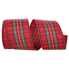 Wired Christmas Ribbon w/ Red Edges - Tradition EZ Plaid Pattern 2.5 inch x 10 Yards (Lot Of 1 Spool) MADE IN USA - SALE ITEM
