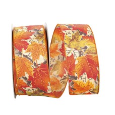 1.5 Inch Autumn Leaves Ribbon With Wired Edges, Orange, Yellow, Green, 50 Yards (1 Spool) SALE ITEM