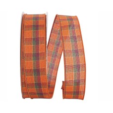 2.5 Inch Green, Red, Orange Fall Alford Plaid Wired Ribbon With Orange Edges - 50 Yards (Lot Of 1 Spool) SALE ITEM