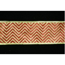 2.5 Inch Red With Gold Wired Christmas Ribbon, Metallic Gold Zig-Zag Design On Red Satin, 50 Yds (Lot of 1 Spool) SALE ITEM